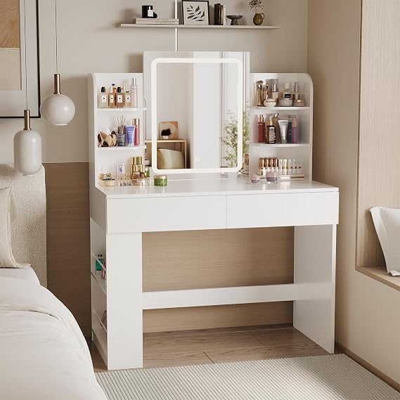 Airfish Makeup Vanity with Mirror and LED Dimmable Light, Makeup Table with 2 Drawers and 4 Shelves, Bottom Shelf, Modern Desk Vanity for Bedroom, 90 x 40 x 135 cm, White