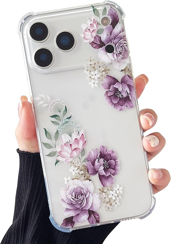 DEFBSC for iPhone 17 Pro Max Case,Clear Cute Floral Pattern,Purple Peony
