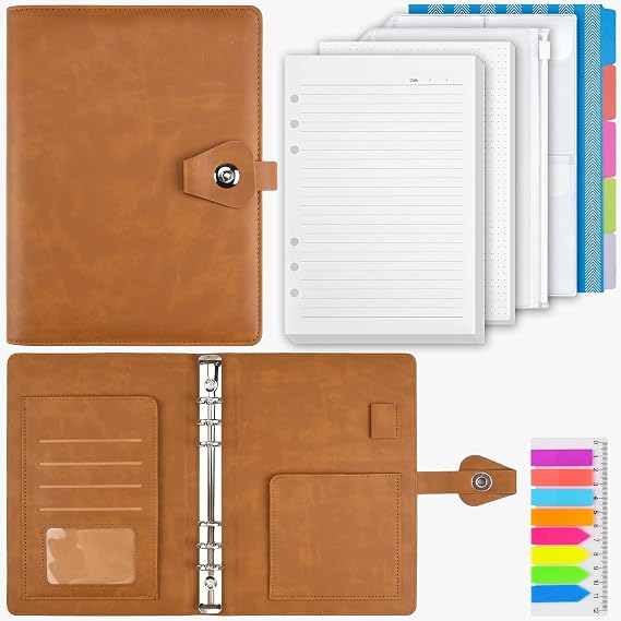 PU Leather A5 Ring Binder Notebook, 6 Ring Binder with 200 Sheets Refill Papers, Planner Notebook with Dividers, Gifts for Women and Men, Refillable Notebook for Office, School and Travel (Brown)