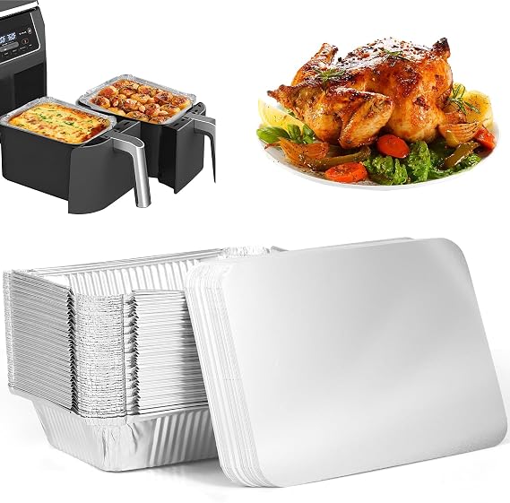 NIHUIFDPY 50 Pack Aluminium Foil Trays with Lids 22x16cm Aluminum Foil Baking Tray Non-Stick Tin Foils Food Take Away Container for Meal Prep, Cooking, Baking, Roasting, BBQ, Freezer Storage
