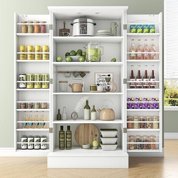 Feonase Kitchen Cupboard, 47” Pantry Organiser and Storage, White Pantry Cabinet with Doors and Adjustable Shelves, Ideal for Kitchen, Living Room and Dining Room