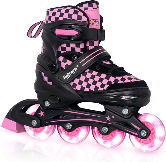 Nattork Adjustable Inline Skates for Kids Teens, Illuminating Wheels Blades Roller Skates with Checkerboard Design for Boys Girls