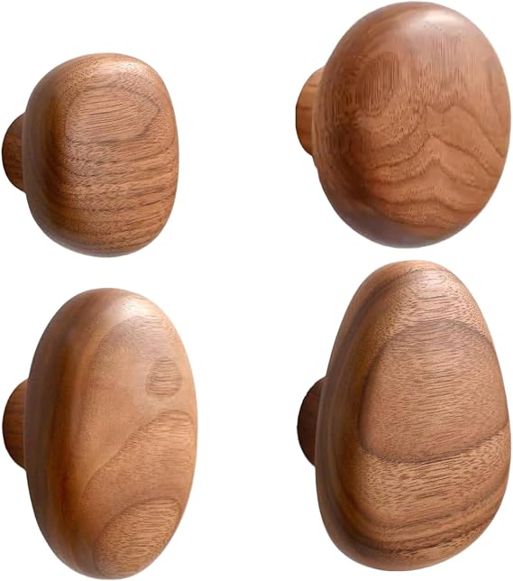 Wood Wall Hooks, 4PCS Heavy Duty Natural Wooden Wall Hooks, Pebble Shape Decorative Cabinet Knobs for Hanging Towels, Clothes, Bags, Tabletop Figurines