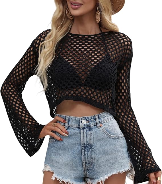 Women's Y2k Crochet Fishnet Long Sleeve Top Vintage Hollow Out Knit See Through Tee Shirt Summer Beach Cover Up