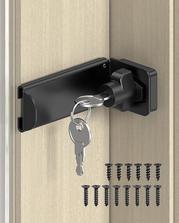90 Degree Door Hasp Latch Lock, Home Security Right Angle Latch, Sliding Barn Door Lock for Gate, Bedroom, Fence, Garden (Black, 3.3 Inch with Key-1 Pc)