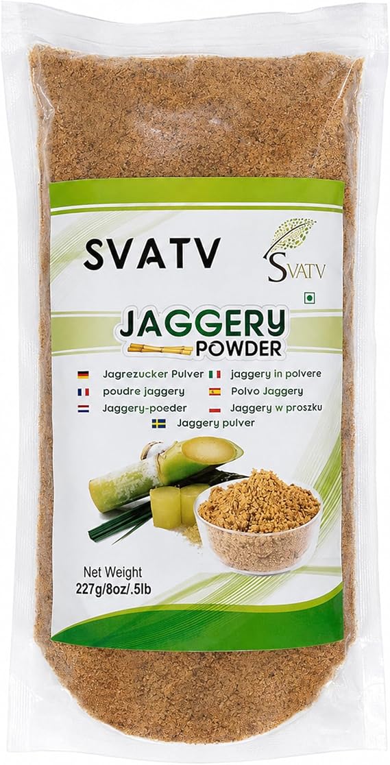 Svatv Jaggery Powder 227g | Granulated Cane Jaggery (Gur) | Traditional Cane Sweetener | Fine Powder for Tea, Coffee, Cooking & Baking