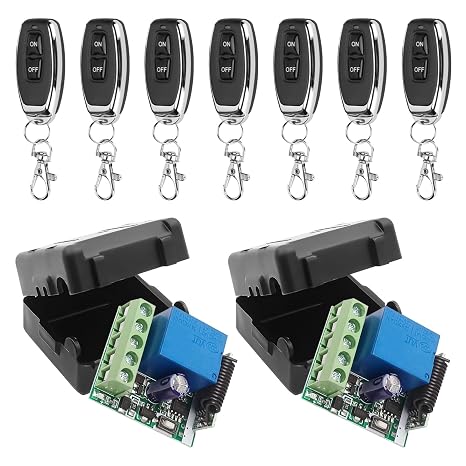 433Mhz Wireless Remote Control Switch DC 12V 1CH RF Relay Receiver Module with Transmitter, Long Range for Garage Door Opener (2Receiver+7Remote Controls)