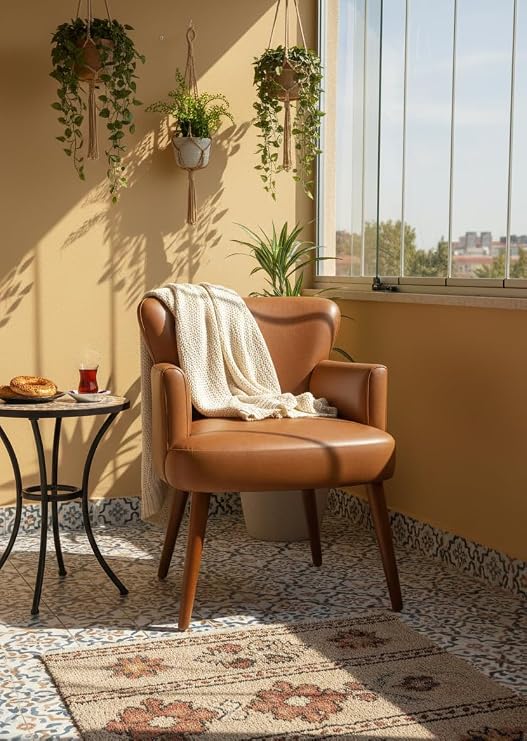 Tekli Berjer Koltuk - Suni Deri - Ceviz Ahşap Ayaklı - Modern Retro Tasarım - Balkon, Ofis ve Salon Koltuğu (Taba Kahverengi)