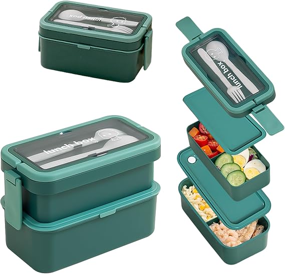 Echehi 2 Layer Lunch Box with Compartments for Adults and Kids, 950+550ml Large Capacity Stackable Lunch Box Bento Lunch Box with Fork and Spoon and Hidden Handle