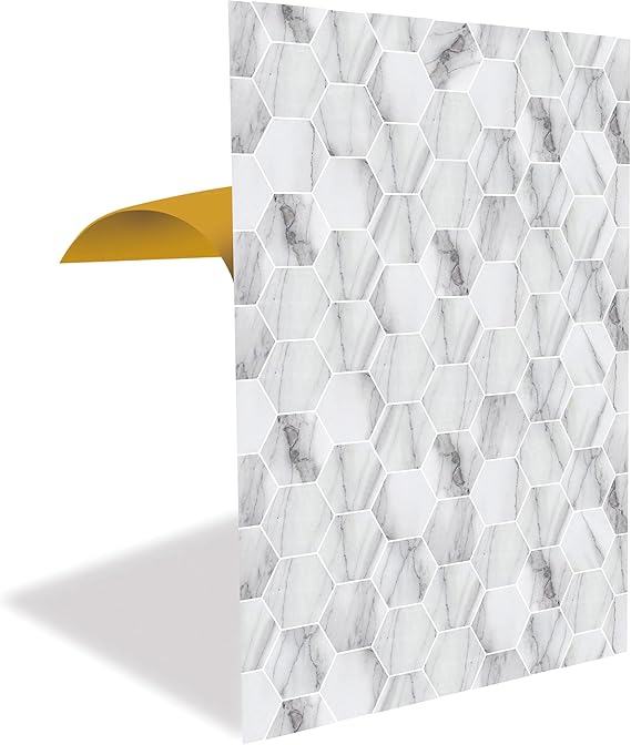 Tink Kendinden Yapışkanlı Pvc Panel, Yapışkanlı Yer Zemin Kaplama, Duvar Kaplama, Fayans Çıkartması Beyaz Petek Mermer Desenli 41x62 Cm (4 Adet / 1 m²)