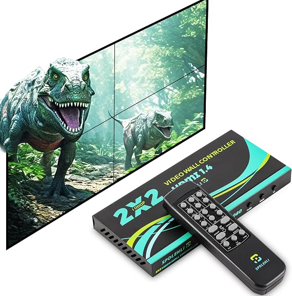 Video Wall Controller 2X2 HDMI Video Wall Processor 1080p 2X1 3X1 4X1 1X2 1X3 1X4, Multi-Screen Splicing Display Controller with Remote Control for 4 TV Splicing (2x2)