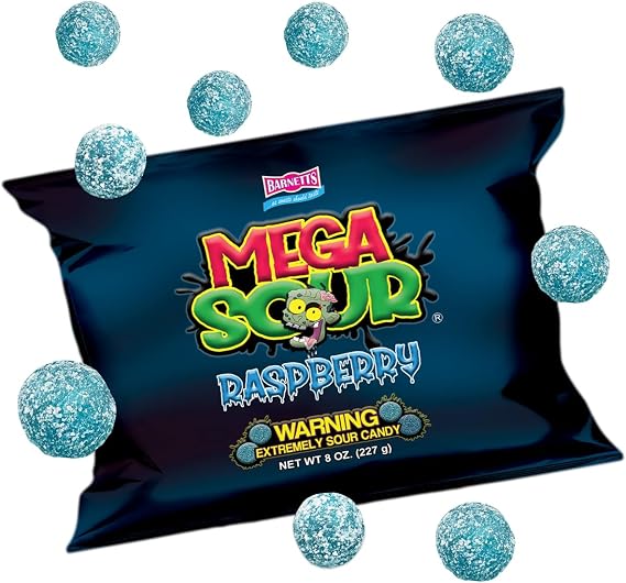 Barnetts - Mega Sour Candy Raspberry 227g - Trendy Sweet Bags - Traditionally Handmade Sweets - Sour Coating Lasts 20 Seconds - Candies for Party Bag, Gift Hamper, or Hamper Box