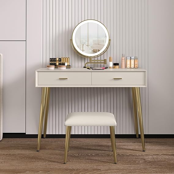 Compact Dressing Table with Stool & LED Mirror, Faux Leather Vanity Desk with 2 Drawers, Extendable Lighted Mirror with Adjustable Brightness, Small Makeup Table for Bedroom
