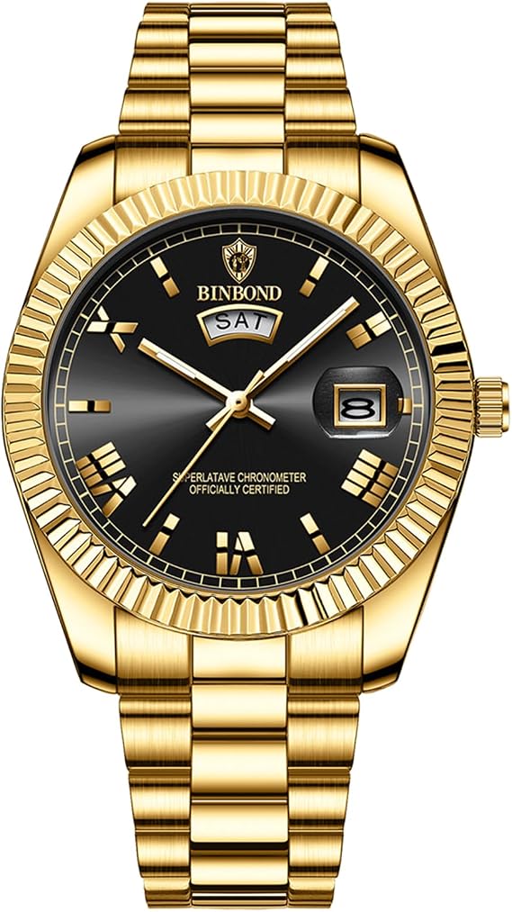 JewelryWe Men's Watch Stainless Steel Quartz Analogue Watch 30 m Waterproof Roman Numerals Dial Watch with Week Date Calendar and Luminous Hands Father's Day Gift