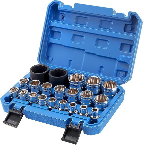 21PCS Spline Socket Set 1/2 Inch Drive 8-36mm, 12 Point CR-V Metric Socket Kit, Damaged Bolt Extractor Tool Set for Automotive,Machinery