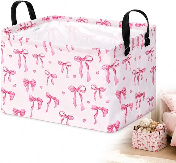 Water Proof Pink Storage Bathroom Box, Coquette Aesthetic Fabric Storage Cubes, Pink Washing Basket with handle for Bedroom, Bathroom, Toilet, Kitchen