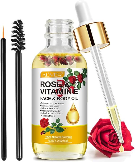 Rose Oil for Face with Rose Petal Flower, Vitamin E Oil for Anti-aging, Scars & Stretch Mark, Gua Sha Face Oil, Natural Massage Body Oil Scented for Dry Skin, Scalp and Nail - 60ml