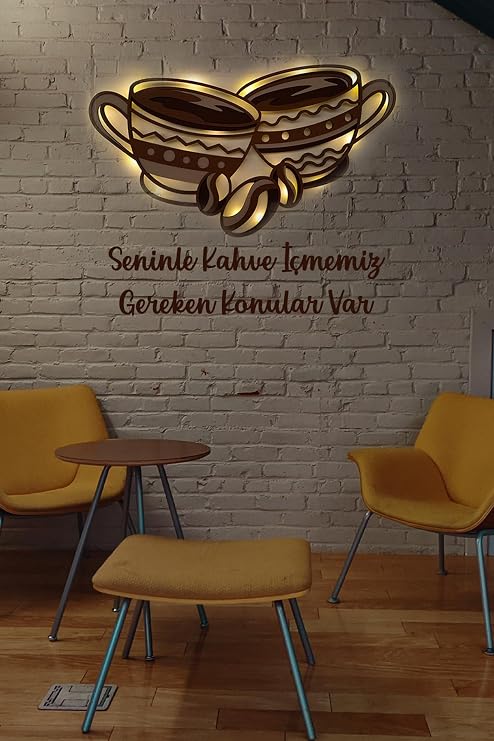 Led Işıklı 3 Katmanlı Kişiye Özel Kahve Fincanı Figürlü Tablo Mutfak Ve Cafe Duvar Dekorasyonu Sarı 50 cm