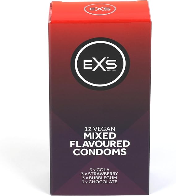 EXS Mixed Flavoured Condoms (12 Pack) Regular Fit, Premium Latex with Non-Spermicidal Lube, Flared with Teat, PETA-Approved Vegan Condom, 3 Year Life - CE Marked Male Condoms