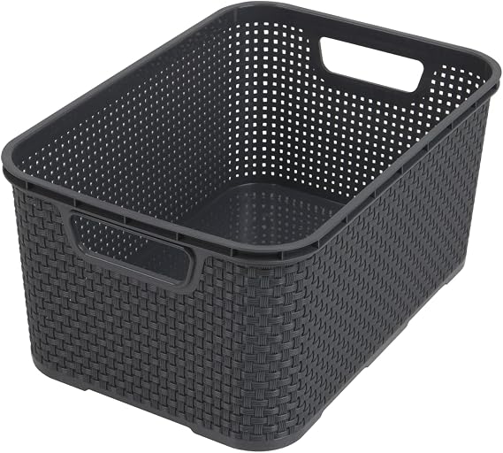 BranQ Home Essential Universal Multifunctional Basket in Rattan Design, Size M 10 L, BPA-Free Plastic PP, Anthracite, 28.8 x 19.7 x 16.2 cm