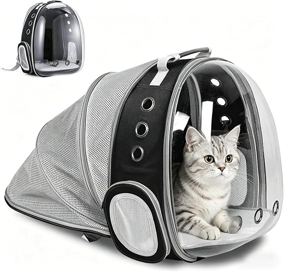 Cat Carrier Backpack, Expandable Cat Carrier Backpack, Ventilated Cat Bubble Backpack for Pet, Pet Carrier for Travel Hiking Walking Camping (Black, Rear Extension)