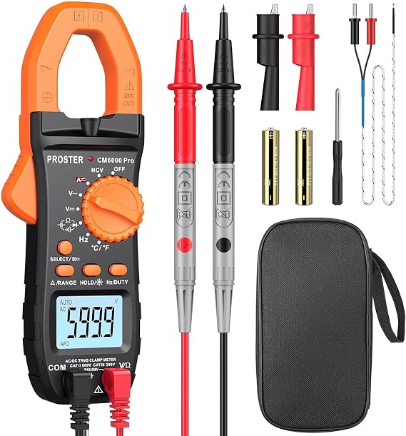 Proster Clamp Meter 6000 Counts 800A Digital Multimeter 600V TRMS NCV AutoRange with Backlit Display for AC/DC Current and Voltage Test Resistance Frequency Temperature