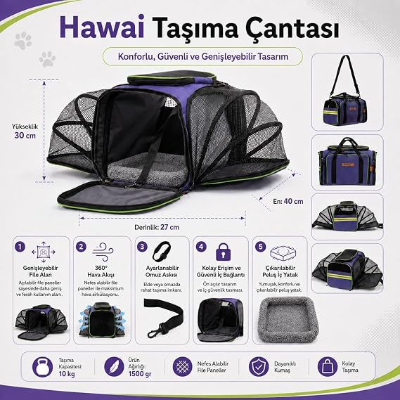 Yıkanabilir Kedi Ve Köpek Çantası Hawaii Fileli Kedi Omuz Cantası Model (Mor)