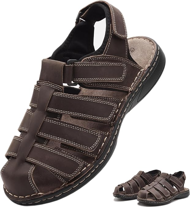 Wide Fit Mens Sandals, Real Leather Walking Sandal for Men, Closed Toe Covered Sports Outdoor Sandals with Adjustable Strap for Hiking, Summer, Holidays, Beach, Boating, Towns