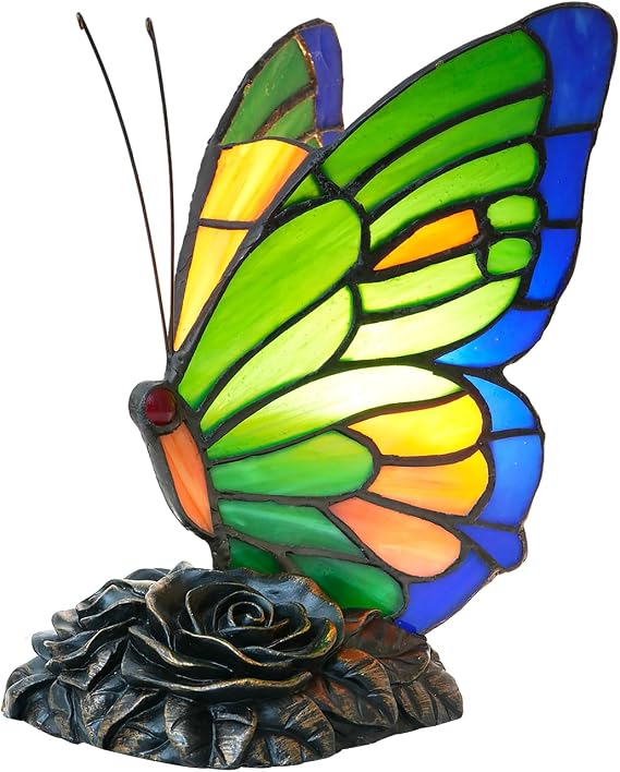 Bedside Table Lamp Tiffany Style Blue Green Butterfly Nightstand Light Small Stained Glass Lamp for Bedroom Living Room Home Office [Energy Class F]