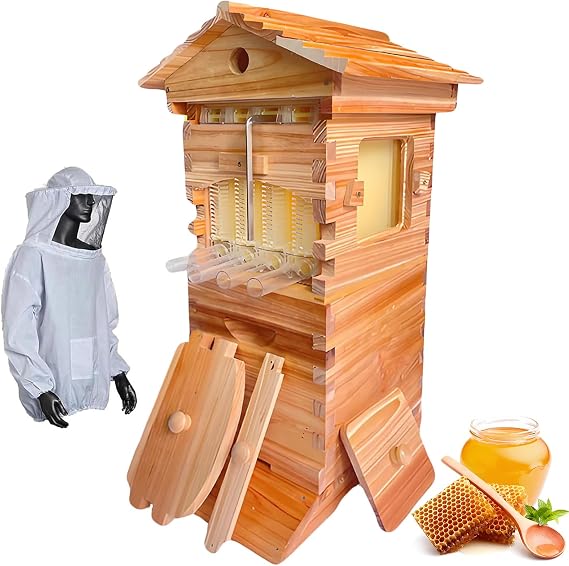 Vertical Flow Beehive Kit, Heavy-Duty Wooden Beehive with 4 Frames & 6 Honeycomb Trays for Easy Honey Harvesting, Ideal for Backyard Beekeeping Enthusiasts