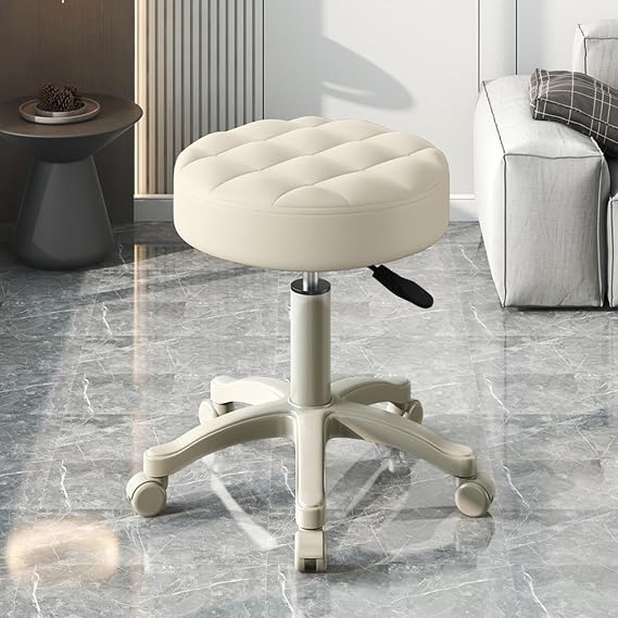 Round Rolling Stool with Wheels - Height Adjustable 360° Swivel Stool, Small Leather Armless Backless Drafting Work SPA Beauty Salon Massage Stools for Home Office Chair