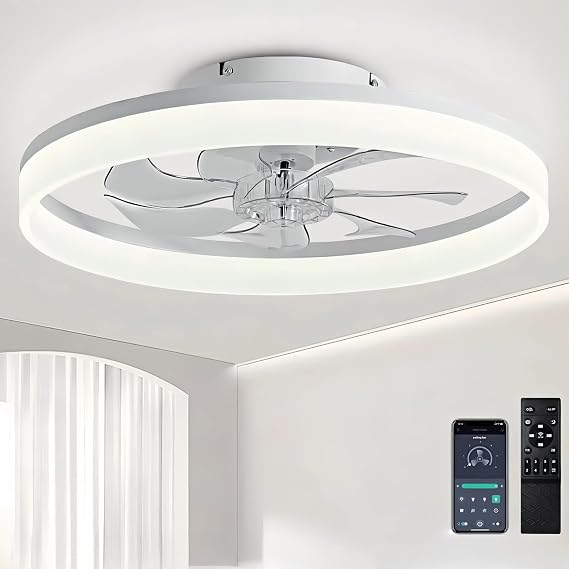 50CM Modern Ceiling Fans with Lights Reversible Fans with Remote Smart Lighting Timing 6 Speeds Low Profile Ceiling Fan with Light Dimmable LED Fan Light Flush Mount for Bedroom [Energy Class A]