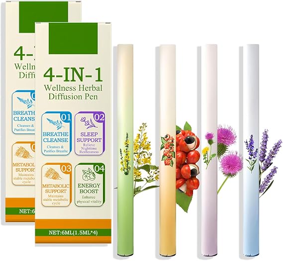 4Pcs Herbal Diffuser Pen,4-in-1 Herbal DiffuserPen,100% Natural Mullein Diffuser Pen,Flavoured Air Inhaler, Breathing Aid & Oral Freshening (2Box)