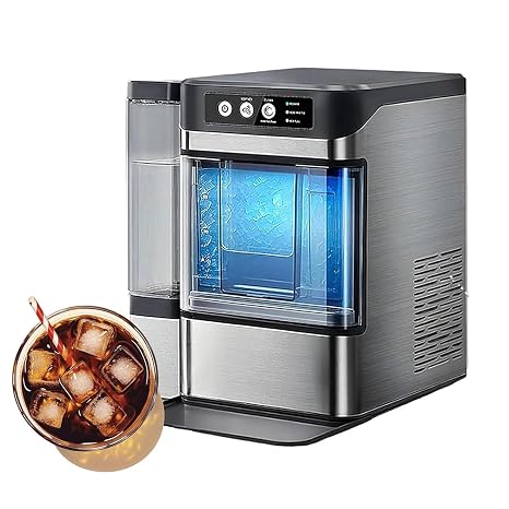 Electric Nugget Ice Maker, Chewable Pellet Ice Machine with Side Water Tank, One-Click Operation, Dispenser for Iced Tea, Coffee, Home, Kitchen, Office, Bar