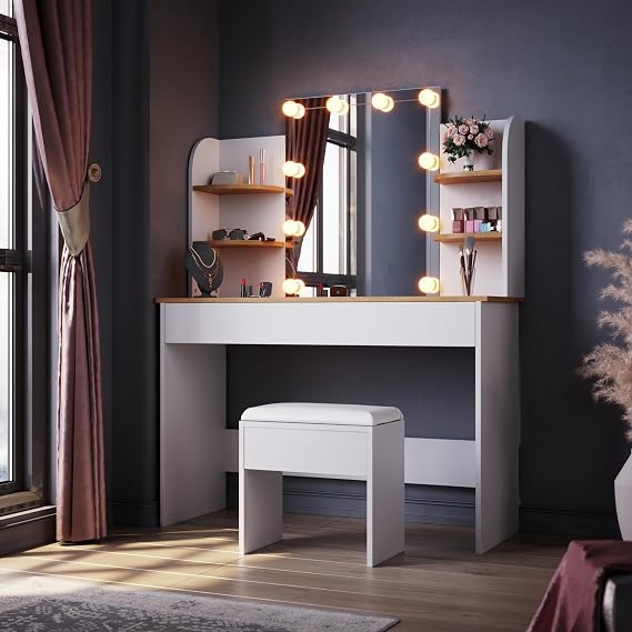 ELEGANT Dressing Table Hollywood LED Lights White Oak Makeup Table with 6 Spacious Compartments and Large Storage Drawer, Central Mirror Vanity Table for Girls Bedroom, Stool included