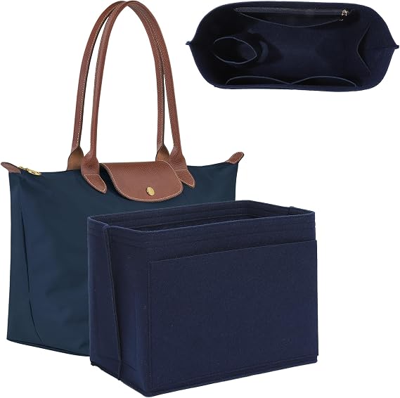 Bag Organiser for Longchamp Le Plaige Medium Tote, Premium Felt Handbag Organiser Insert with Secure Zipper Pocket & Cup Holder, Bag Insert Divider for Women Tote Bags(Medium, Navy)