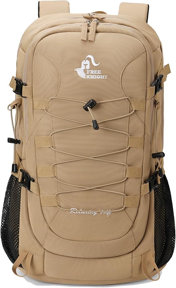 Bseash 40L Waterproof Hiking Camping Backpack with Rain Cover, Outdoor Sport Travel Daypack Rucksack for Skiing Cycling (Khaki)