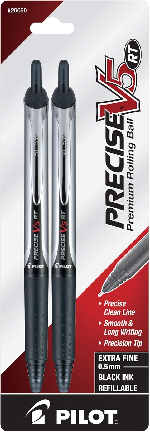 Pilot V5 RT Retractable Rollerball Pen, Extra Fine Point, Black Ink, 2-Pack 26050, 2-Pack