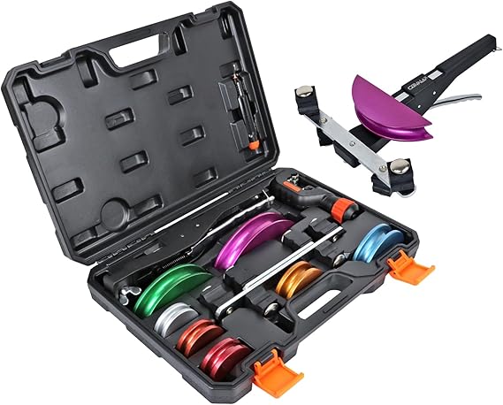 CARVALAX 90° Ratcheting Pipe Tube Bender Set: 1/4" to 7/8" O.D. with 7-Color Aluminum Heads – LITE MODEL (No Reverse) with Tube Cutter & Deburring for HVAC, Air Conditioning and Hydraulic Applications