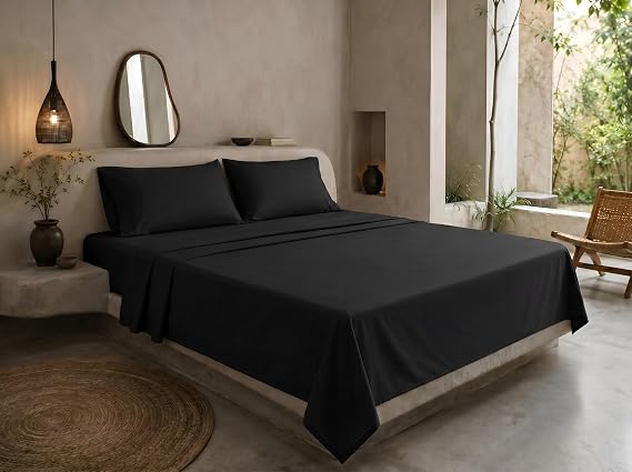 Yorkshire Bedding Single Bed Flat Sheet 100% Egyptian Cotton 200 Thread Count Hotel Quality Black Bed Sheets (175 cm x 275 cm)
