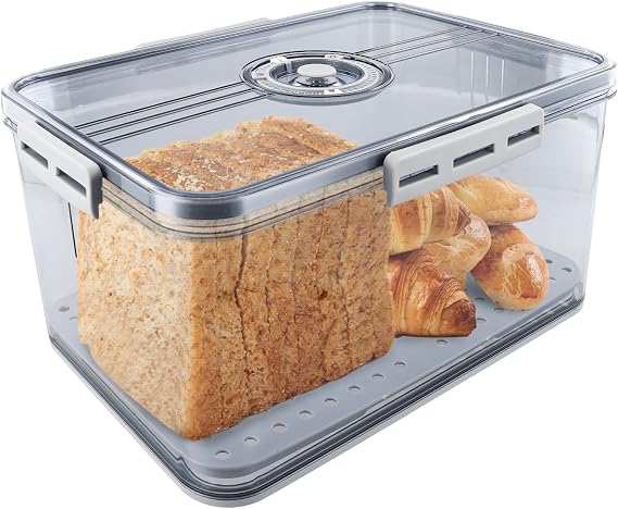 Bread Storage Containers - Airtight Bread Box with Lid, 6L Plastic Bread Container with Air Valve, Time Recording Breads Loaf Keeper for Buns, Bagels, Sandwiches, Grey Large