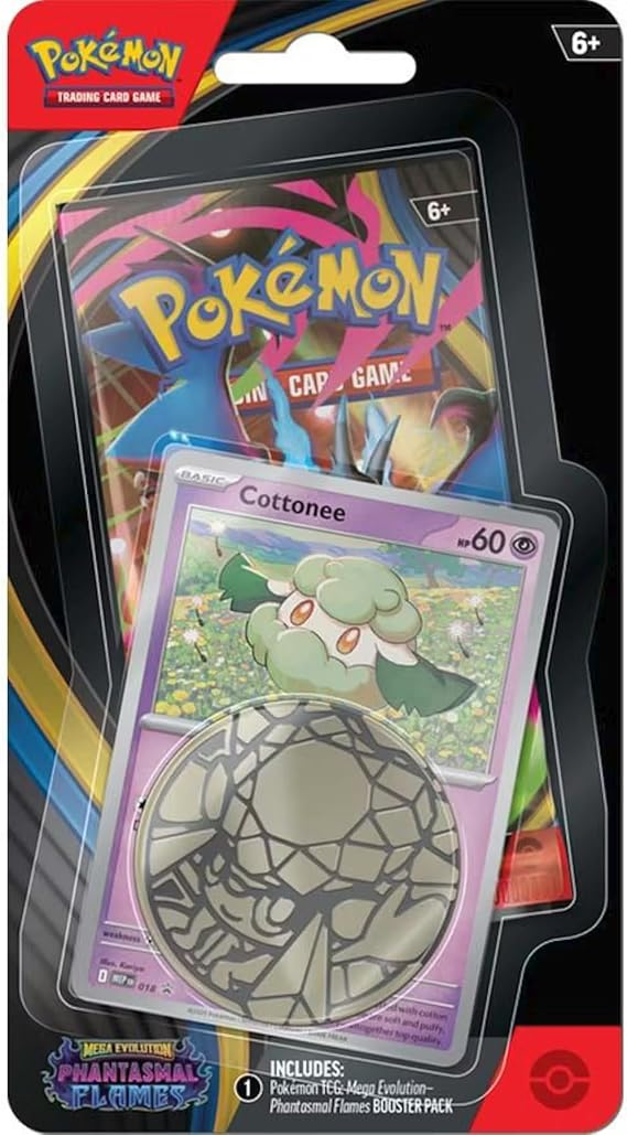 Pokemon Mega Evolution Phantasmal Flames Checklane Blister Pack (1 Booster Pack, Promo Card & Coin) (Cottonee)