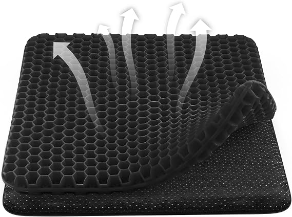 Gel Seat Cushion, Honeycomb Design Double Thick Gel Cushion with Cloth Cover Ergonomic & Cool Seat Cushion for Home Office Chair Car Wheelchair Sitting Seat Cushion, Black