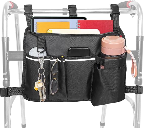 Large Walking Frame Bag with Cup Holder,Walker Tote Bag,Walker Basket,Folding Walker Attachment Hands-Free Storage Basket Mobility Aid Accessory Pouch for Elderly (Black-Large)