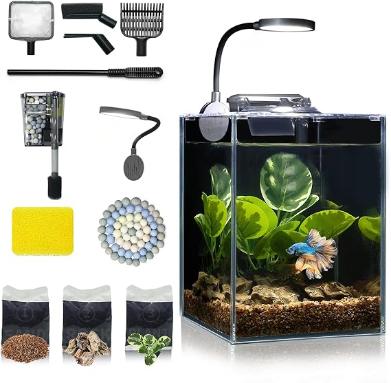 Desktop Small Aquarium Set Glass Fish Tank 1.25 Gallon,Heater Water Pump Filter Bright LED Light Gravel Cleaning Tool,Starter Kit Small Space Simple Setup Space Saving Design Betta