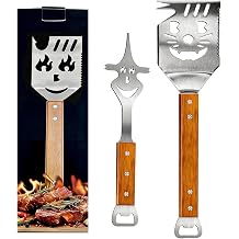 7 in 1 Multifunction BBQ Tool Set, 2 Pcs Cat-Shaped Grill Spatula Set with Box, 42cm Stainless Steel Cooking Turner Fork Saw Bottle Opener Perfect BBQ Gifts for Men​