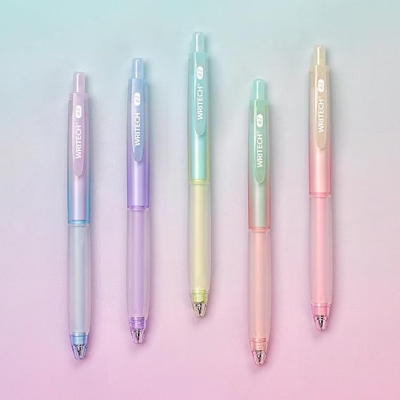 WRITECH Retractable Gel Ink Pens: 0.7mm Black-Ink Aesthetic Gradient Color Barrel Soft Grip Medium Point Pen 5ct with 5 Refills for Journaling Smooth Writing Quick-dry No Bleed