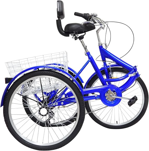 Foldable Tricycle for Adults with Backrest 24Inch 7 Speed - Adult Trike Bike with Basket 265 lbs Load Height Adjustable Cruiser Bikes 3 Wheel Bicycle Pedal Cycling Tricycle for Outdoor Sports