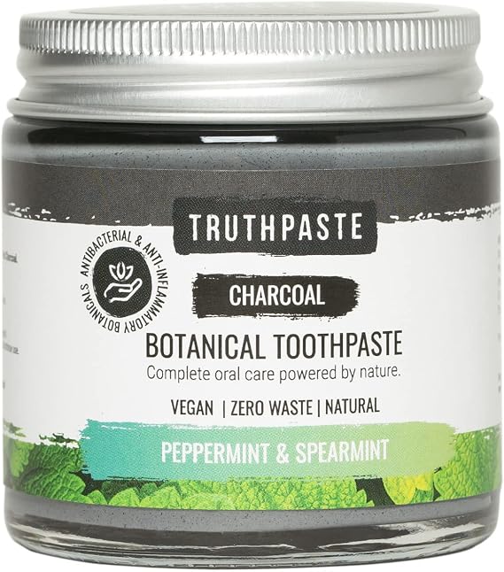 TRUTHPASTE Charcoal whitening natural zero waste toothpaste (Peppermint & Spearmint 100ml) Eco friendly & plastic free with Coconut & Aloe Vera. Fluoride Free, SLS free. Suitable for sensitive teeth