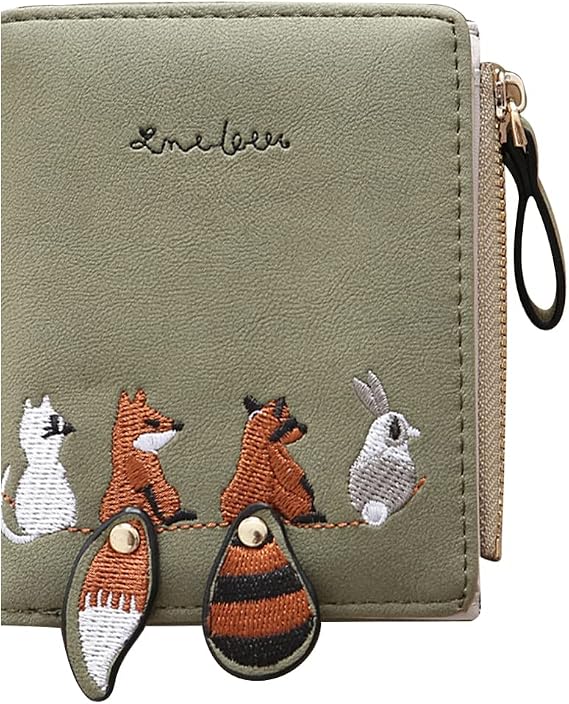 Coin Purse PU Leather Purse with 9 Slots, Portable Ladies Purse with Zipped and Snap, Bifold Purses Cute Ladies Wallet with Embroidered Animal Pattern for Traveling, Working (Green)
